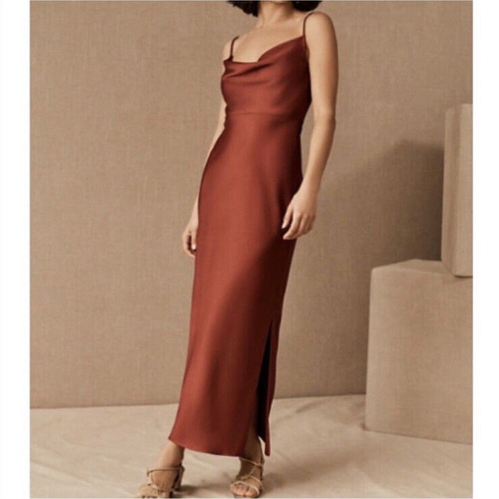 BHLDN Anthropologie Bridesmaid Cali Satin Cowl-Neck Midi Slip Dress Rust US 8